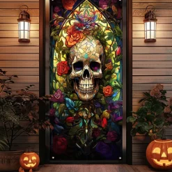 Day of the Dead Banners Door Cover Outdoor Banners Skeleton Marigold Psychedelic Dark Punk Gothic Style Party Outdoor Shooting Backgrounds Front Door Wall Porch Decorations Wall Door Background