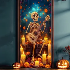 Day of the Dead Door Cover Outdoor Banners Skeleton Marigold Mexico Psychedelic Party Outdoor Shooting Backgrounds Front Door Wall Porch Decorations Wall Door Background