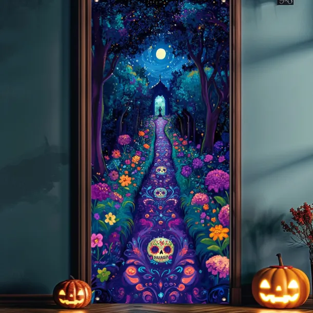 Day of the Dead Door Cover Outdoor Banners Skeleton Marigold Mexico Psychedelic Party Outdoor Shooting Backgrounds Front Door Wall Porch Decorations Wall Door Background