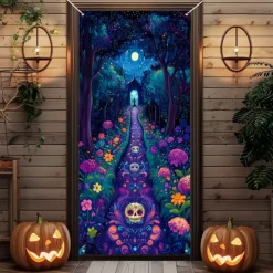 Day of the Dead Door Cover Outdoor Banners Skeleton Marigold Mexico Psychedelic Party Outdoor Shooting Backgrounds Front Door Wall Porch Decorations Wall Door Background