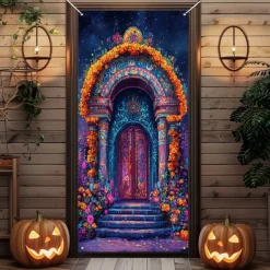Day of the Dead Door Cover Outdoor Banners Skeleton Marigold Mexico Psychedelic Party Outdoor Shooting Backgrounds Front Door Wall Porch Decorations Wall Door Background