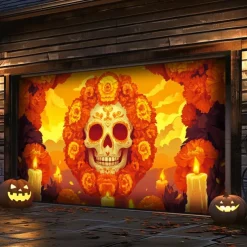 Day of the Dead Garage Door Cover Large Hanging Backdrop Skeleton Marigold Mexico Dark Punk Gothic Style Party Outdoor Shooting Backgrounds Front Door Decorations Wall Door Background