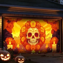 Day of the Dead Garage Door Cover Large Hanging Backdrop Skeleton Marigold Mexico Dark Punk Gothic Style Party Outdoor Shooting Backgrounds Front Door Decorations Wall Door Background