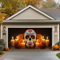 Day of the Dead Garage Door Cover Large Hanging Backdrop Skeleton Marigold Mexico Dark Punk Gothic Style Party Outdoor Shooting Backgrounds Front Door Decorations Wall Door Background