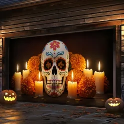 Day of the Dead Garage Door Cover Large Hanging Backdrop Skeleton Marigold Mexico Dark Punk Gothic Style Party Outdoor Shooting Backgrounds Front Door Decorations Wall Door Background