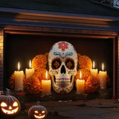 Day of the Dead Garage Door Cover Large Hanging Backdrop Skeleton Marigold Mexico Dark Punk Gothic Style Party Outdoor Shooting Backgrounds Front Door Decorations Wall Door Background
