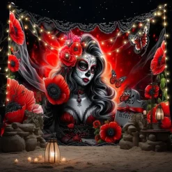 Day of the Dead Skeleton Bride Scene Wall Tapestry Backdrop, Gothic Red Curtain Spooky Decoration for 2025 Halloween Living Room, Bedroom