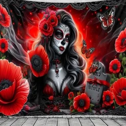 Day of the Dead Skeleton Bride Scene Wall Tapestry Backdrop, Gothic Red Curtain Spooky Decoration for 2025 Halloween Living Room, Bedroom
