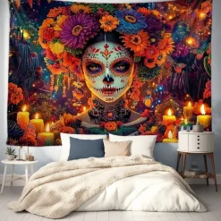 Day of the Dead Sugar Skull Wall Tapestry Backdrop, Mexican Dia de los Muertos Colorful Decoration for 2025 Halloween Living Room, Bedroom