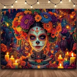 Day of the Dead Sugar Skull Wall Tapestry Backdrop, Mexican Dia de los Muertos Colorful Decoration for 2025 Halloween Living Room, Bedroom