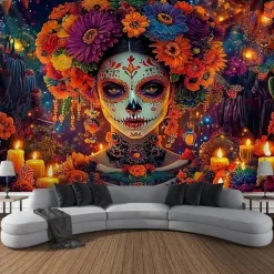 Day of the Dead Sugar Skull Wall Tapestry Backdrop, Mexican Dia de los Muertos Colorful Decoration for 2025 Halloween Living Room, Bedroom