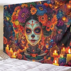 Day of the Dead Sugar Skull Wall Tapestry Backdrop, Mexican Dia de los Muertos Colorful Decoration for 2025 Halloween Living Room, Bedroom