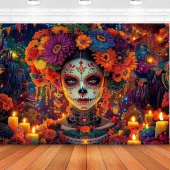 Day of the Dead Sugar Skull Wall Tapestry Backdrop, Mexican Dia de los Muertos Colorful Decoration for 2025 Halloween Living Room, Bedroom