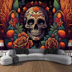 Day of the Dead Tapestry Banners Wall Hangings Skeleton Marigold Mexico Dark Punk Gothic Style Party Dorm Shooting Backgrounds Decorations Wall Door Background