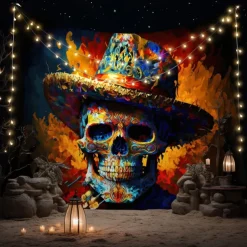 Day of the Dead Tapestry Banners Wall Hangings Skeleton Marigold Mexico Dark Punk Gothic Style Party Dorm Shooting Backgrounds Decorations Wall Door Background
