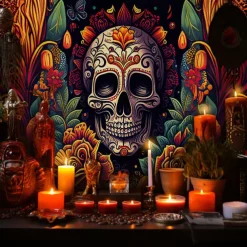 Day of the Dead Tapestry Banners Wall Hangings Skeleton Marigold Mexico Dark Punk Gothic Style Party Dorm Shooting Backgrounds Decorations Wall Door Background