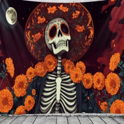 Day of the Dead Tapestry Banners Wall Hangings Skeleton Marigold Mexico Dark Punk Gothic Style Party Dorm Shooting Backgrounds Decorations Wall Door Background