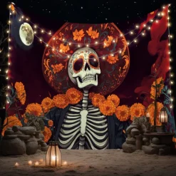 Day of the Dead Tapestry Banners Wall Hangings Skeleton Marigold Mexico Dark Punk Gothic Style Party Dorm Shooting Backgrounds Decorations Wall Door Background