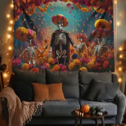 Day of the Dead Tapestry Banners Wall Hangings Skeleton Marigold Mexico Dark Punk Gothic Style Party Dorm Shooting Backgrounds Decorations Wall Door Background