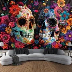 Day of the Dead Tapestry Banners Wall Hangings Skeleton Flower Mexico Dark Punk Gothic Style Party Dorm Shooting Backgrounds Decorations Wall Door Background
