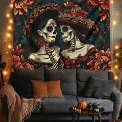 Day of the Dead Tapestry Banners Wall Hangings Skeleton Flower Mexico Dark Punk Gothic Style Party Dorm Shooting Backgrounds Decorations Wall Door Background
