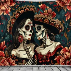 Day of the Dead Tapestry Banners Wall Hangings Skeleton Flower Mexico Dark Punk Gothic Style Party Dorm Shooting Backgrounds Decorations Wall Door Background