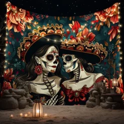 Day of the Dead Tapestry Banners Wall Hangings Skeleton Flower Mexico Dark Punk Gothic Style Party Dorm Shooting Backgrounds Decorations Wall Door Background