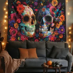 Day of the Dead Tapestry Banners Wall Hangings Skeleton Flower Mexico Dark Punk Gothic Style Party Dorm Shooting Backgrounds Decorations Wall Door Background