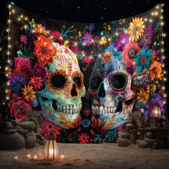 Day of the Dead Tapestry Banners Wall Hangings Skeleton Flower Mexico Dark Punk Gothic Style Party Dorm Shooting Backgrounds Decorations Wall Door Background