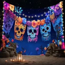 Day of the Dead Tapestry Banners Wall Hangings Skeleton Mexico Dark Punk Gothic Style Party Dorm Shooting Backgrounds Decorations Wall Door Background