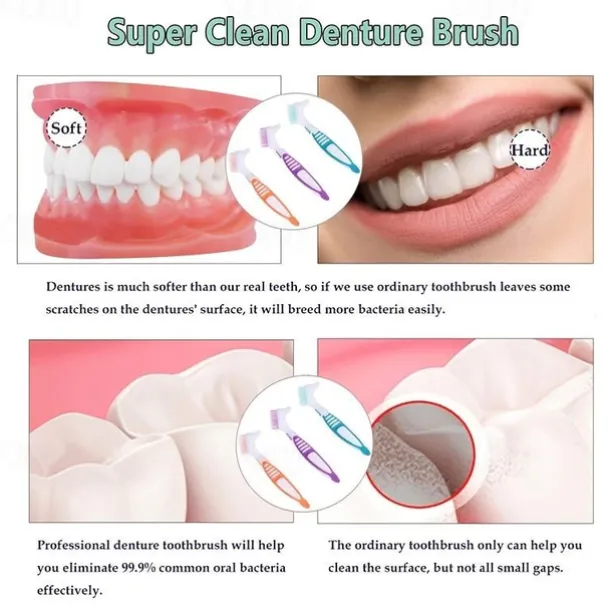 Denture Toothbrush For Adults, Denture Cleaning Brush, Hard Denture Brush Oral Care Double-Sided Toothbrush, Specially Designed To Thorough Cleaning Dentures & Bridges