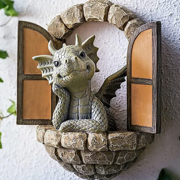 Dinosaur Sculpture Wall Decoration Weatherproof Resin Statue Miniatures for Patio Yard Garden Wall Decoration Lovely Dragon Garden Ornaments