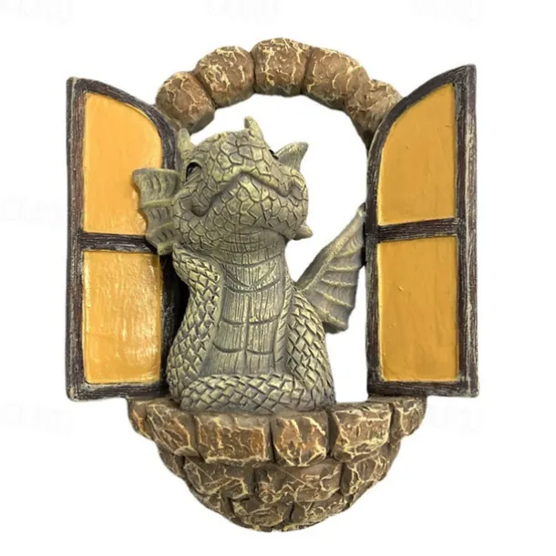 Dinosaur Sculpture Wall Decoration Weatherproof Resin Statue Miniatures for Patio Yard Garden Wall Decoration Lovely Dragon Garden Ornaments