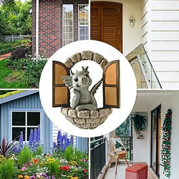 Dinosaur Sculpture Wall Decoration Weatherproof Resin Statue Miniatures for Patio Yard Garden Wall Decoration Lovely Dragon Garden Ornaments