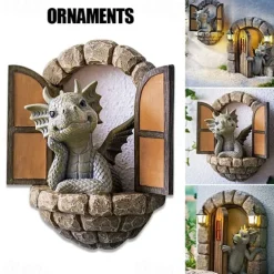 Dinosaur Sculpture Wall Decoration Weatherproof Resin Statue Miniatures for Patio Yard Garden Wall Decoration Lovely Dragon Garden Ornaments