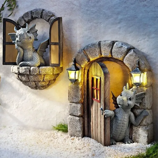 Dinosaur Sculpture Wall Decoration Weatherproof Resin Statue Miniatures for Patio Yard Garden Wall Decoration Lovely Dragon Garden Ornaments