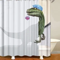 Dinosaur Shower Curtain Set 180cm*180cm(70"*70")with Hooks for Bathroom, White Fun Kids Fabric Shower Curtains , Cool Cute Unique Raptor Bathroom Accessories Decor