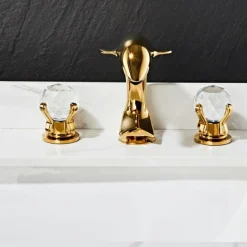 Dolphin Shape Bathroom Sink Faucet, Widespread Crystal Accents Two Handles Three Holes Bath Mixer Taps for Sink, Hot and Cold Water Hoses Included