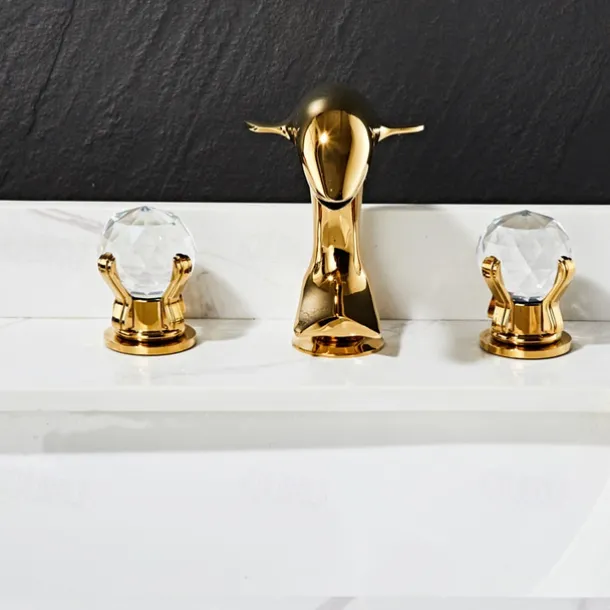 Dolphin Shape Bathroom Sink Faucet, Widespread Crystal Accents Two Handles Three Holes Bath Mixer Taps for Sink, Hot and Cold Water Hoses Included