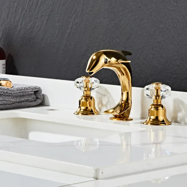 Dolphin Shape Bathroom Sink Faucet, Widespread Crystal Accents Two Handles Three Holes Bath Mixer Taps for Sink, Hot and Cold Water Hoses Included