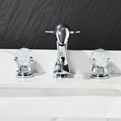 Dolphin Shape Bathroom Sink Faucet, Widespread Crystal Accents Two Handles Three Holes Bath Mixer Taps for Sink, Hot and Cold Water Hoses Included