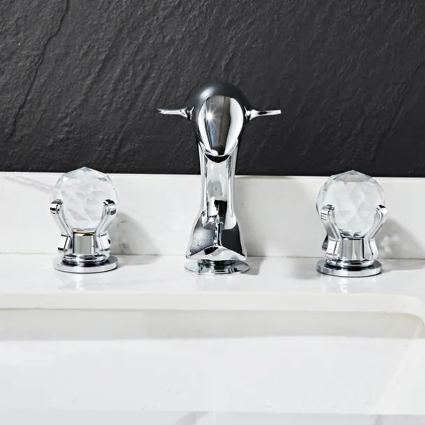 Dolphin Shape Bathroom Sink Faucet, Widespread Crystal Accents Two Handles Three Holes Bath Mixer Taps for Sink, Hot and Cold Water Hoses Included