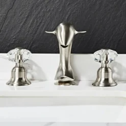 Dolphin Shape Bathroom Sink Faucet, Widespread Crystal Accents Two Handles Three Holes Bath Mixer Taps for Sink, Hot and Cold Water Hoses Included