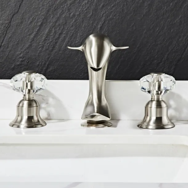 Dolphin Shape Bathroom Sink Faucet, Widespread Crystal Accents Two Handles Three Holes Bath Mixer Taps for Sink, Hot and Cold Water Hoses Included
