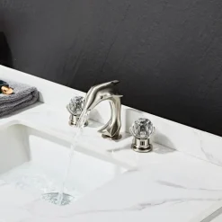 Dolphin Shape Bathroom Sink Faucet, Widespread Crystal Accents Two Handles Three Holes Bath Mixer Taps for Sink, Hot and Cold Water Hoses Included