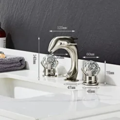 Dolphin Shape Bathroom Sink Faucet, Widespread Crystal Accents Two Handles Three Holes Bath Mixer Taps for Sink, Hot and Cold Water Hoses Included