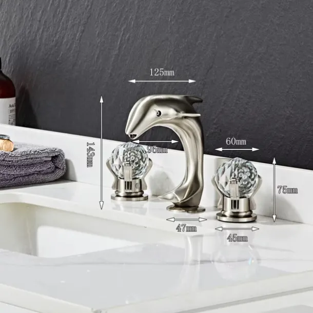 Dolphin Shape Bathroom Sink Faucet, Widespread Crystal Accents Two Handles Three Holes Bath Mixer Taps for Sink, Hot and Cold Water Hoses Included