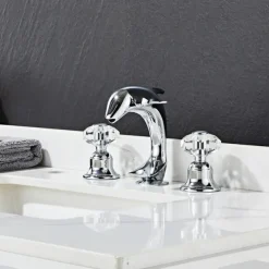 Dolphin Shape Bathroom Sink Faucet, Widespread Crystal Accents Two Handles Three Holes Bath Mixer Taps for Sink, Hot and Cold Water Hoses Included
