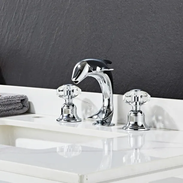 Dolphin Shape Bathroom Sink Faucet, Widespread Crystal Accents Two Handles Three Holes Bath Mixer Taps for Sink, Hot and Cold Water Hoses Included