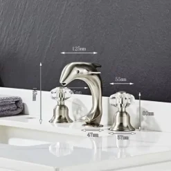 Dolphin Shape Bathroom Sink Faucet, Widespread Crystal Accents Two Handles Three Holes Bath Mixer Taps for Sink, Hot and Cold Water Hoses Included